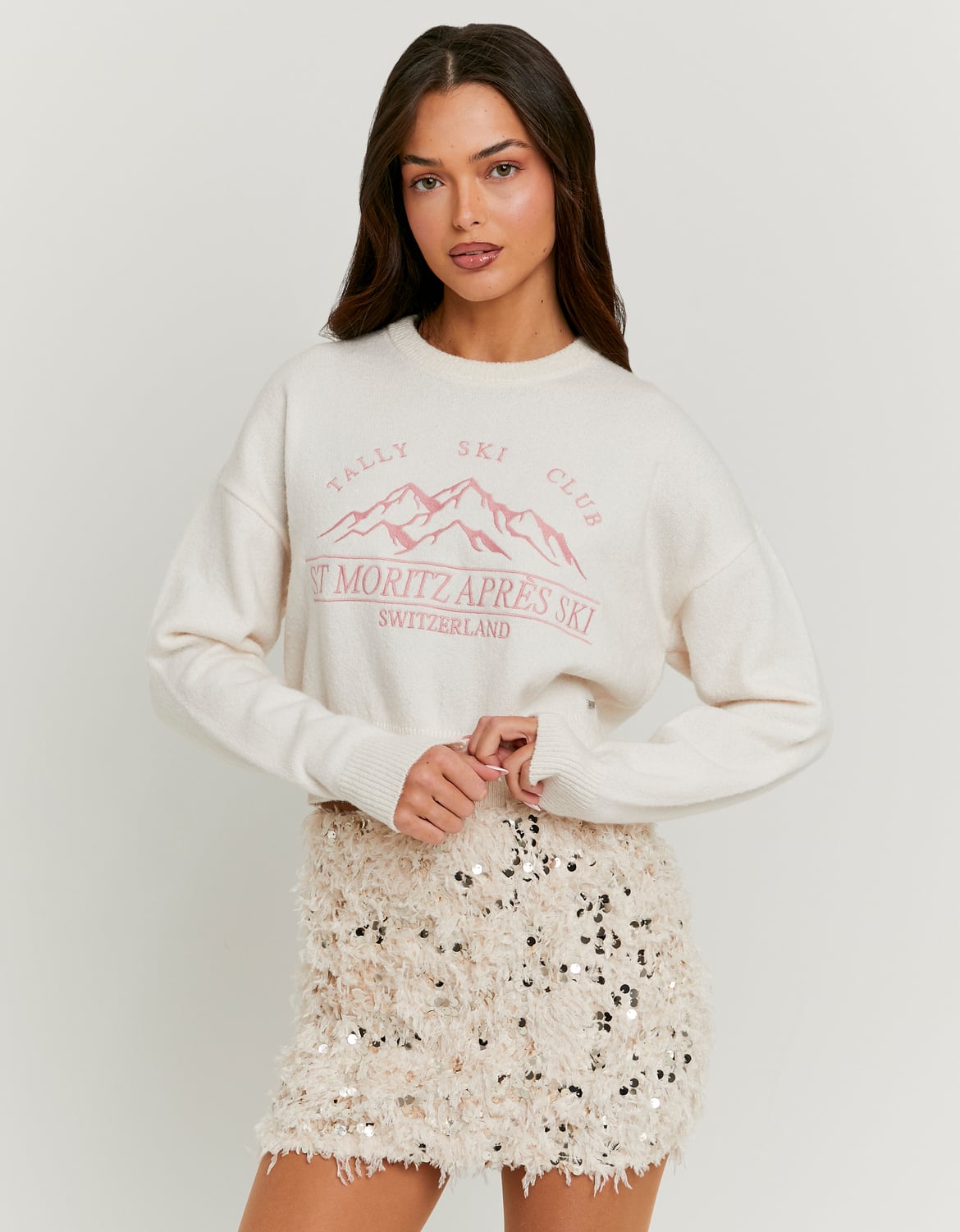 Ladies White Embroidered Knit Jumper-Model View 2