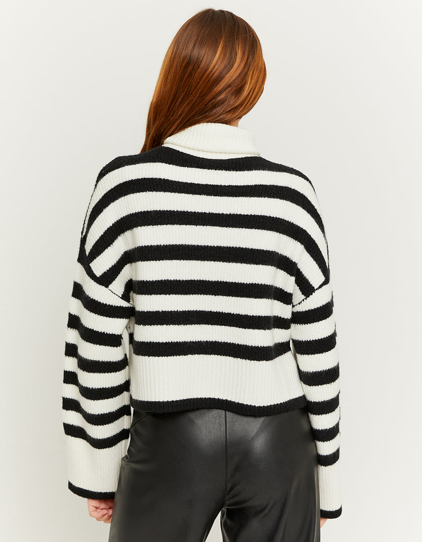 Ladies Black/White Striped Turtle Neck Loose Jumper-Model Back View