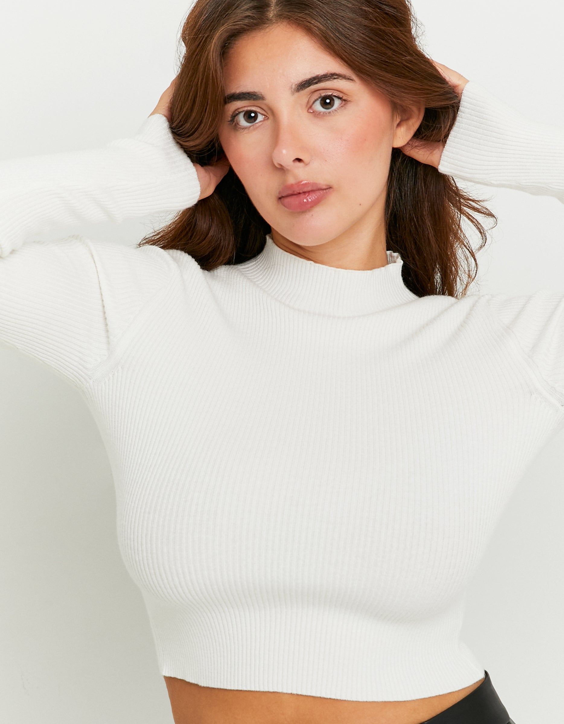 Ladies Turtle Neck Fitted Cropped White Jumper-Close Up View