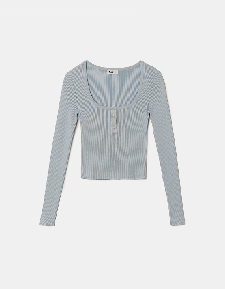 Ladies Blue Knitted Basic Top-Ghost Front View