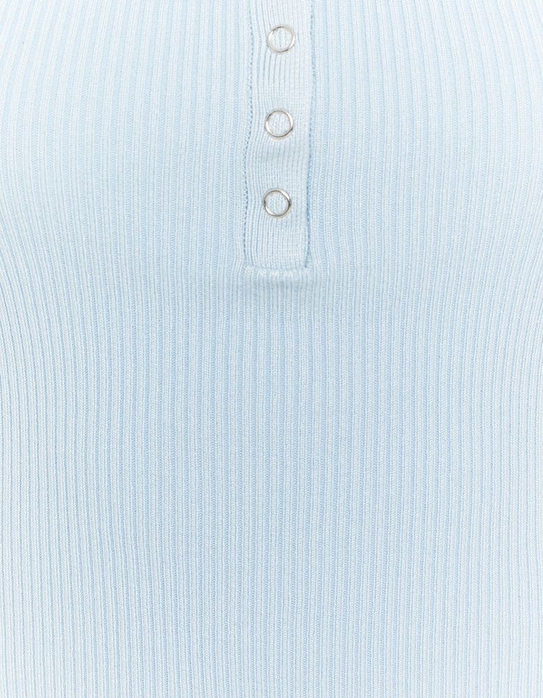 Ladies Blue Knitted Basic Top-Button View