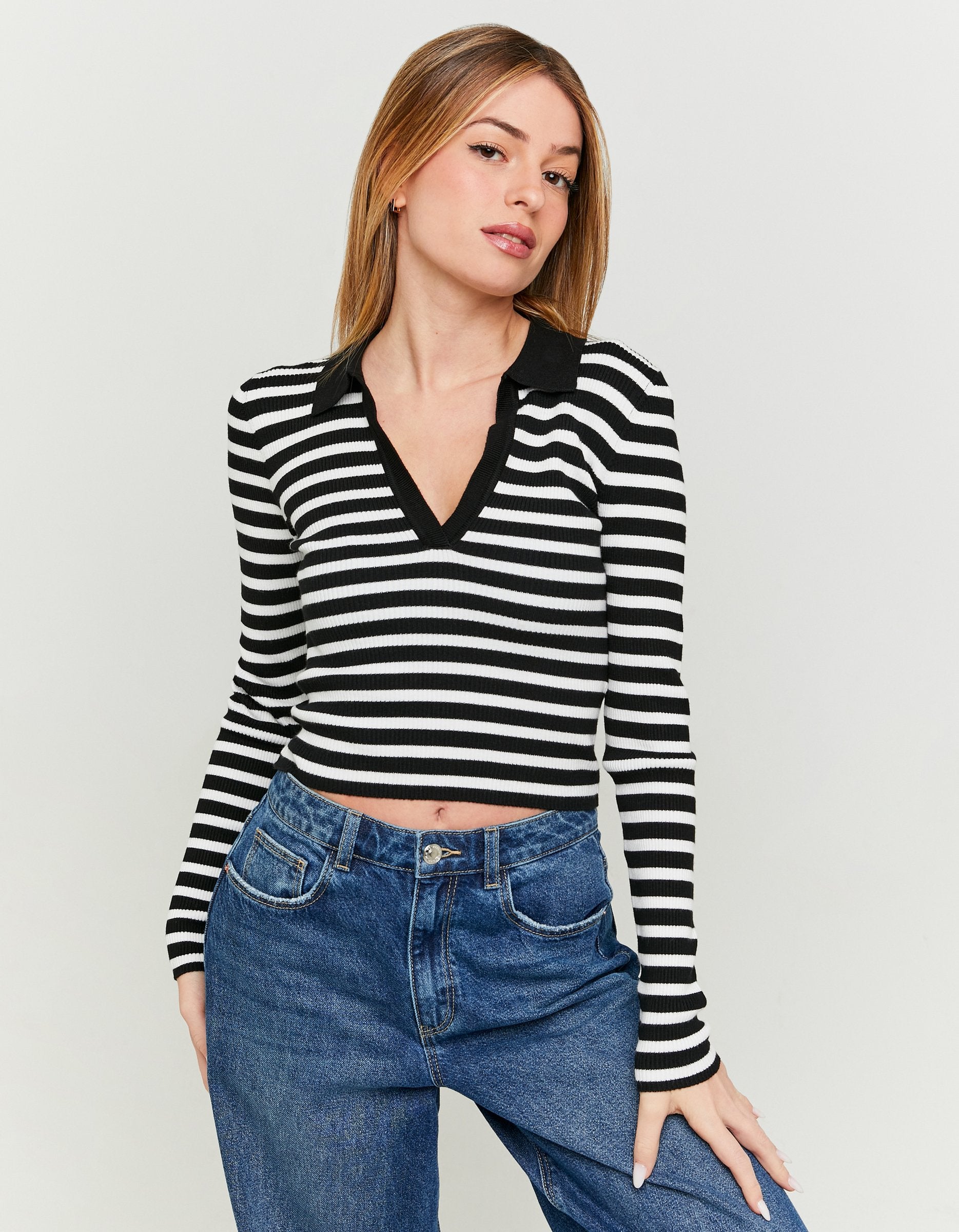 Women's Striped Fitted Top With Polo Neck-Model Front View