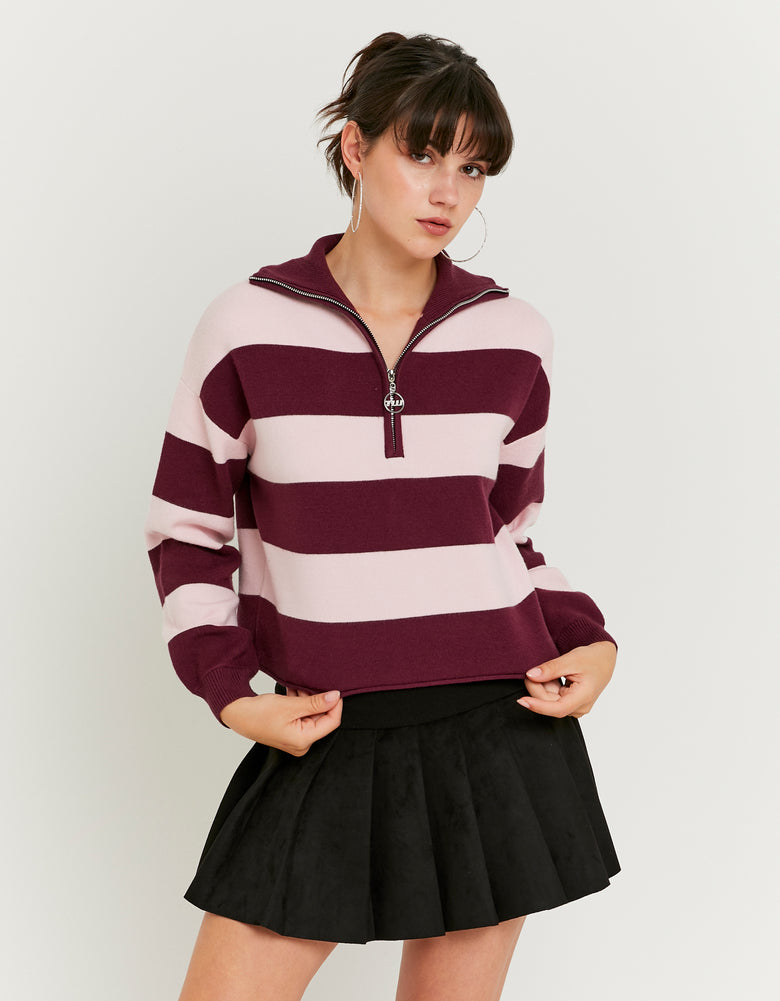 Ladies Burgundy Striped Jumper-Model Full Front View
