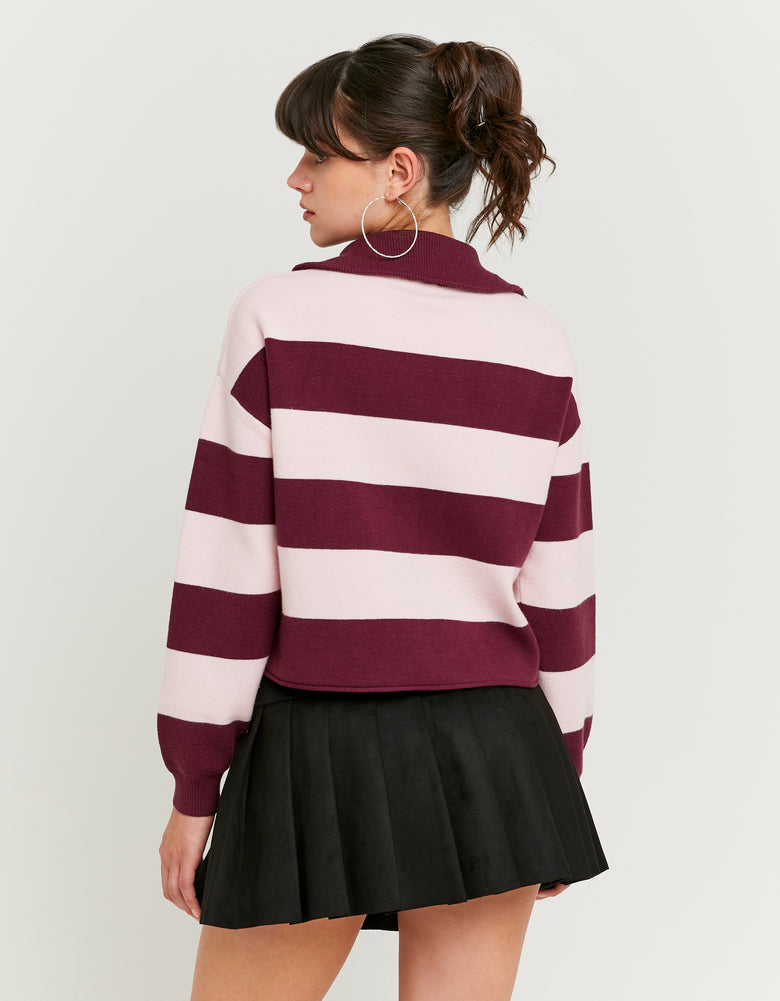 Ladies Burgundy Striped Jumper-Model Back View