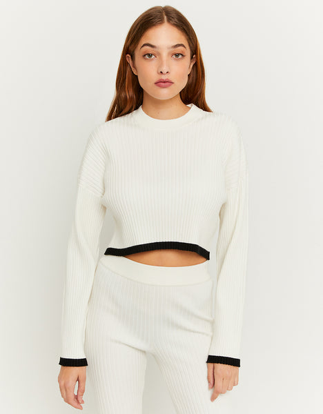 Ladies White Knit Cropped Jumper-Model Front View