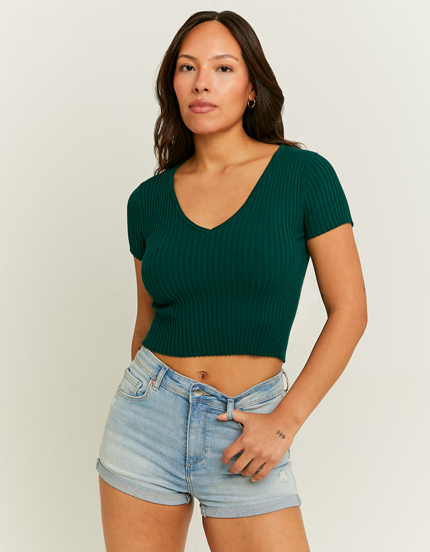 Ladies Green Tight Knit Cropped Top-Model Front View