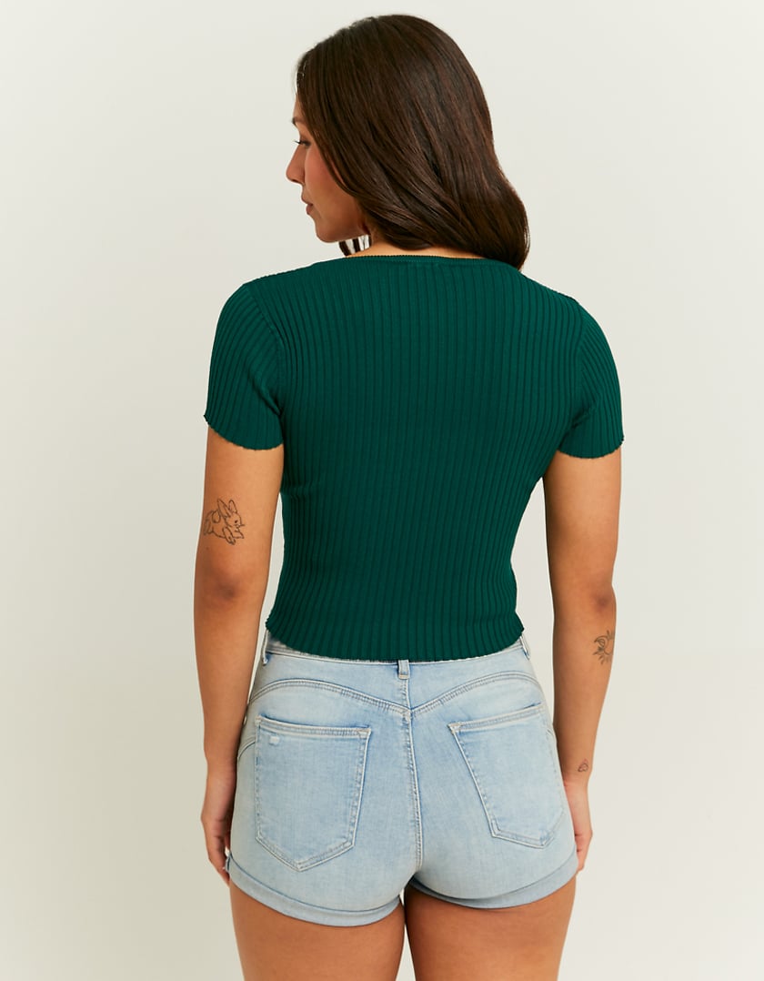 Ladies Green Tight Knit Cropped Top-Model Back View