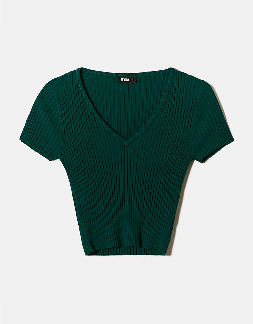 Ladies Green Tight Knit Cropped Top-Front View