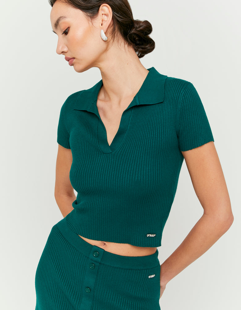 Ladies Green Knitted  Polo Top-Close Up View of Front