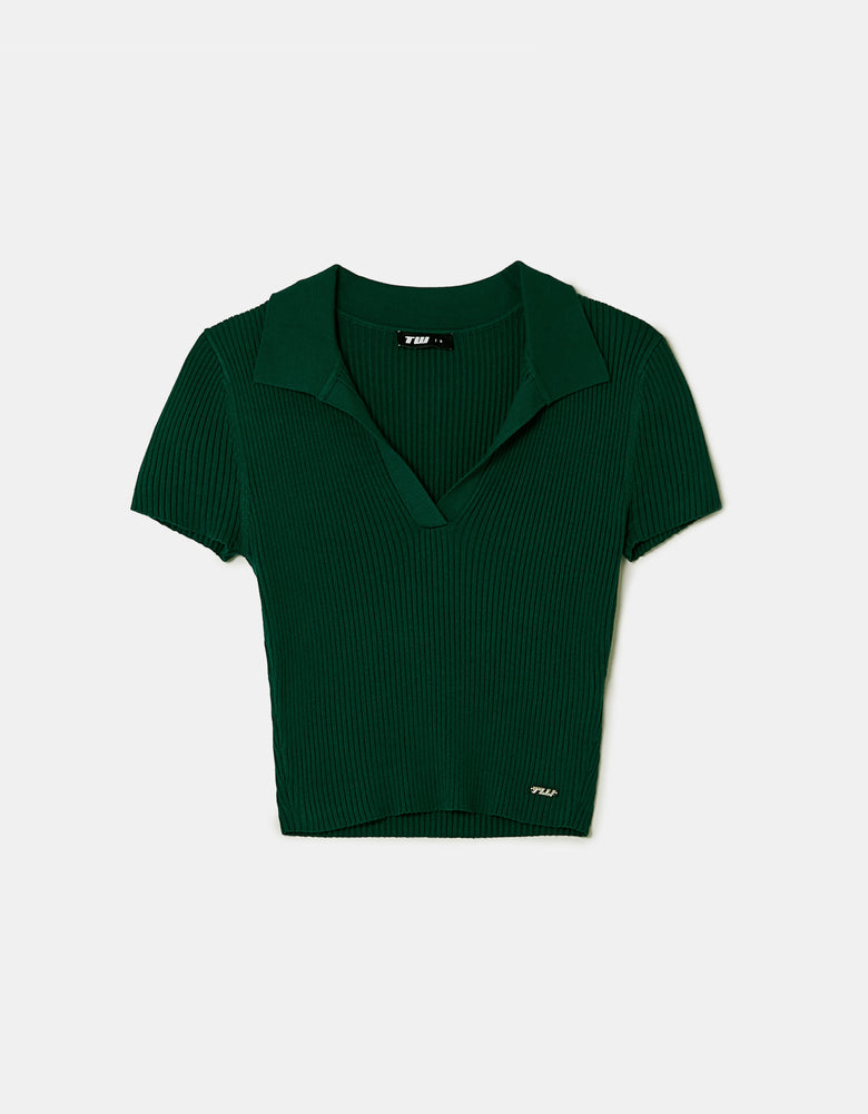 Ladies Green Knitted  Polo Top-Ghost Front View