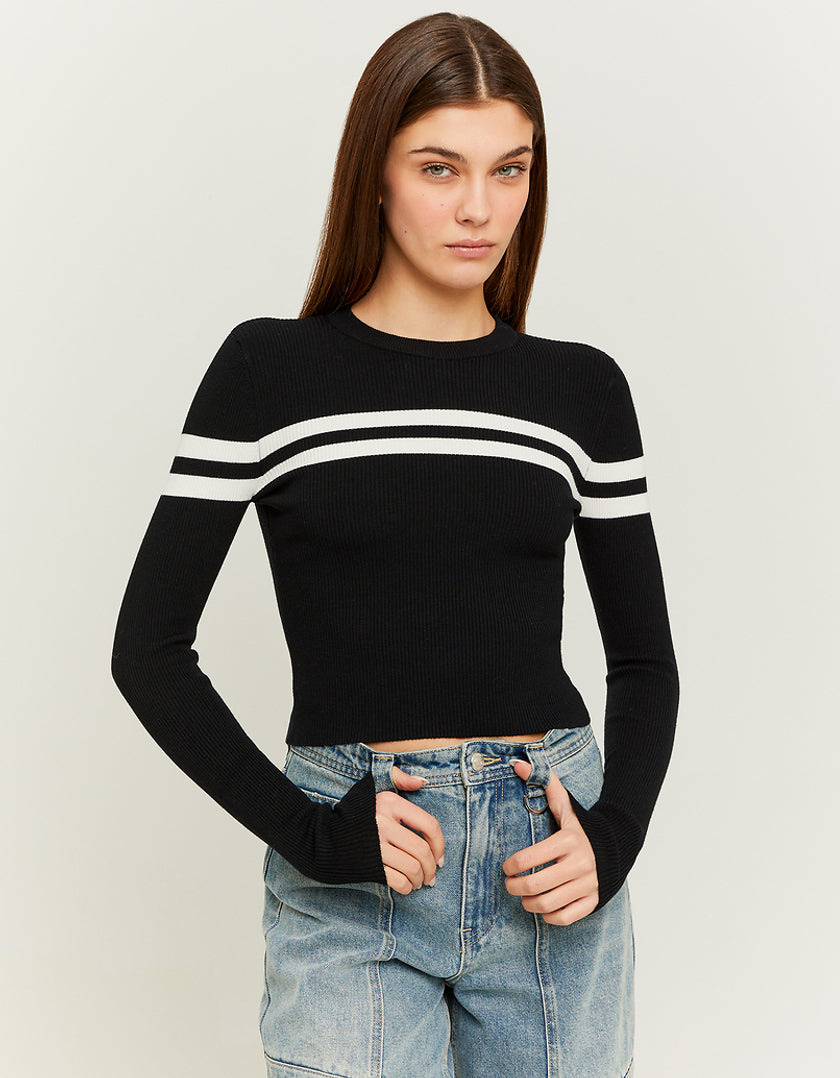 Ladies Black Cropped Striped Jumper-Model Front View