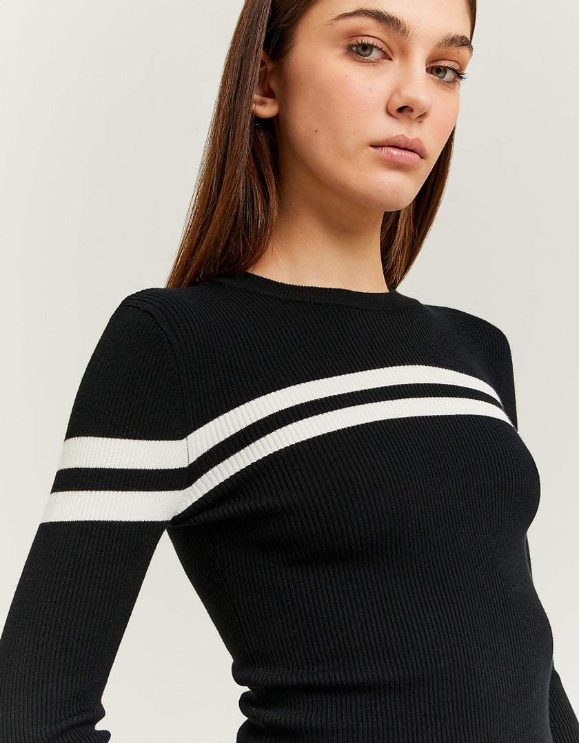 Ladies Black Cropped Striped Jumper-Closer Front View