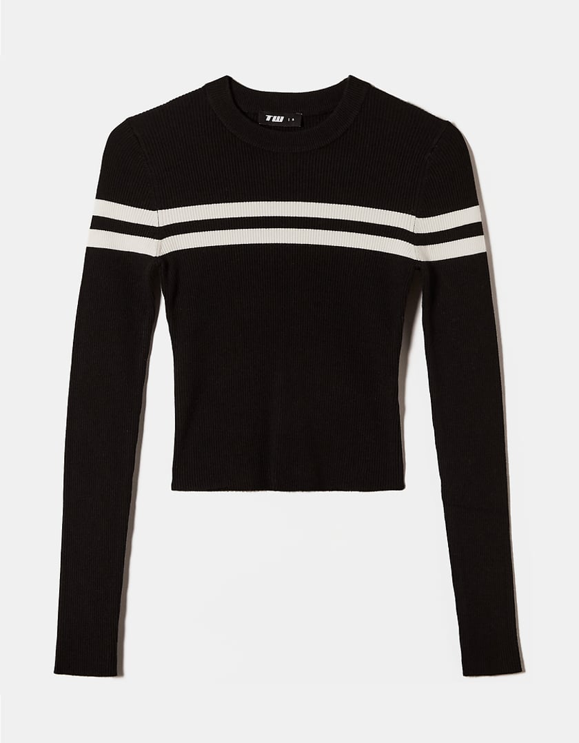 Ladies Black Cropped Striped Jumper-Front View