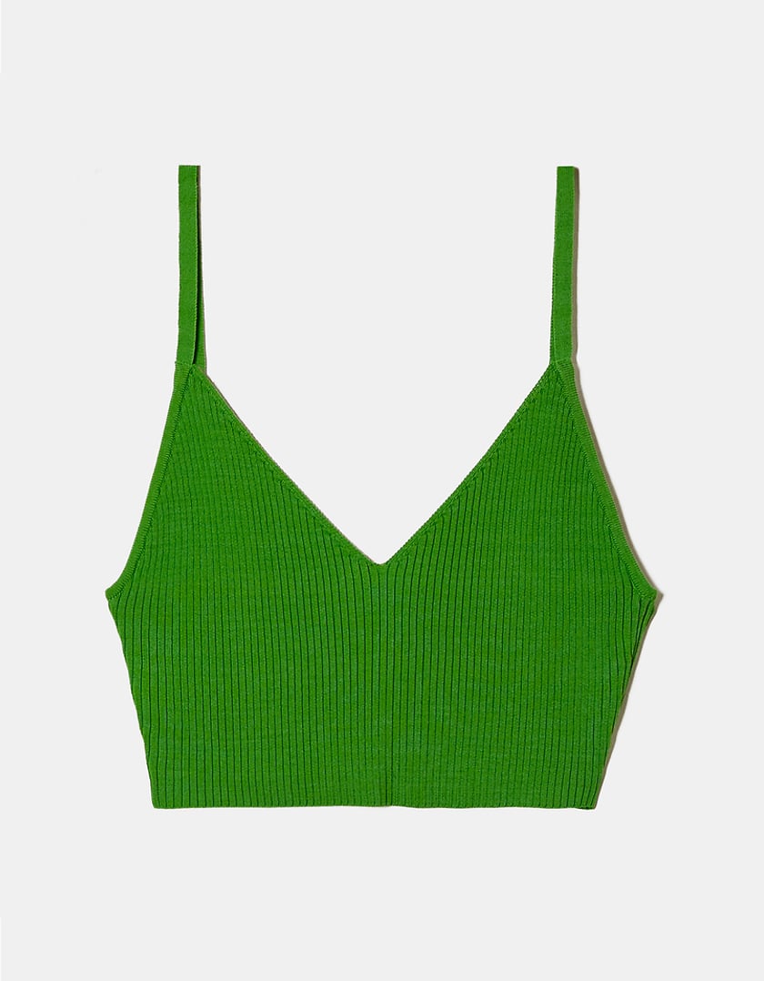 Ladies Green Knitted Crop Top-Front View