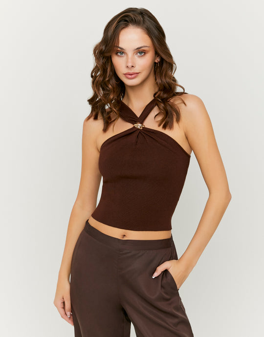Ladies Brown Halter Top-Model Front View