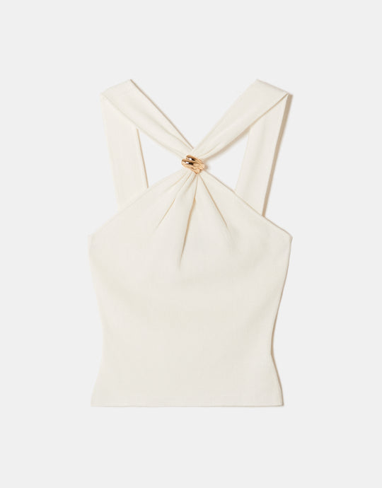 Ladies White Halter Top-Ghost Front View