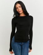 Tally Weijl Black Asymmetric Knitted Top Black model front view