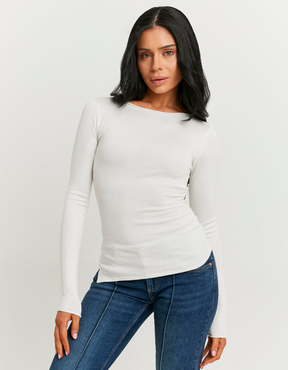 Tally Weijl white asymmetric jumper worn by model, front view