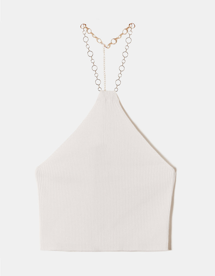 Tally Weijl Halter Knit Top With Chain White back view