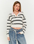 Tally Weijl Striped Cropped Tops With Polo Neck-Cream/Black/Pink Cream/Black/Pink back view