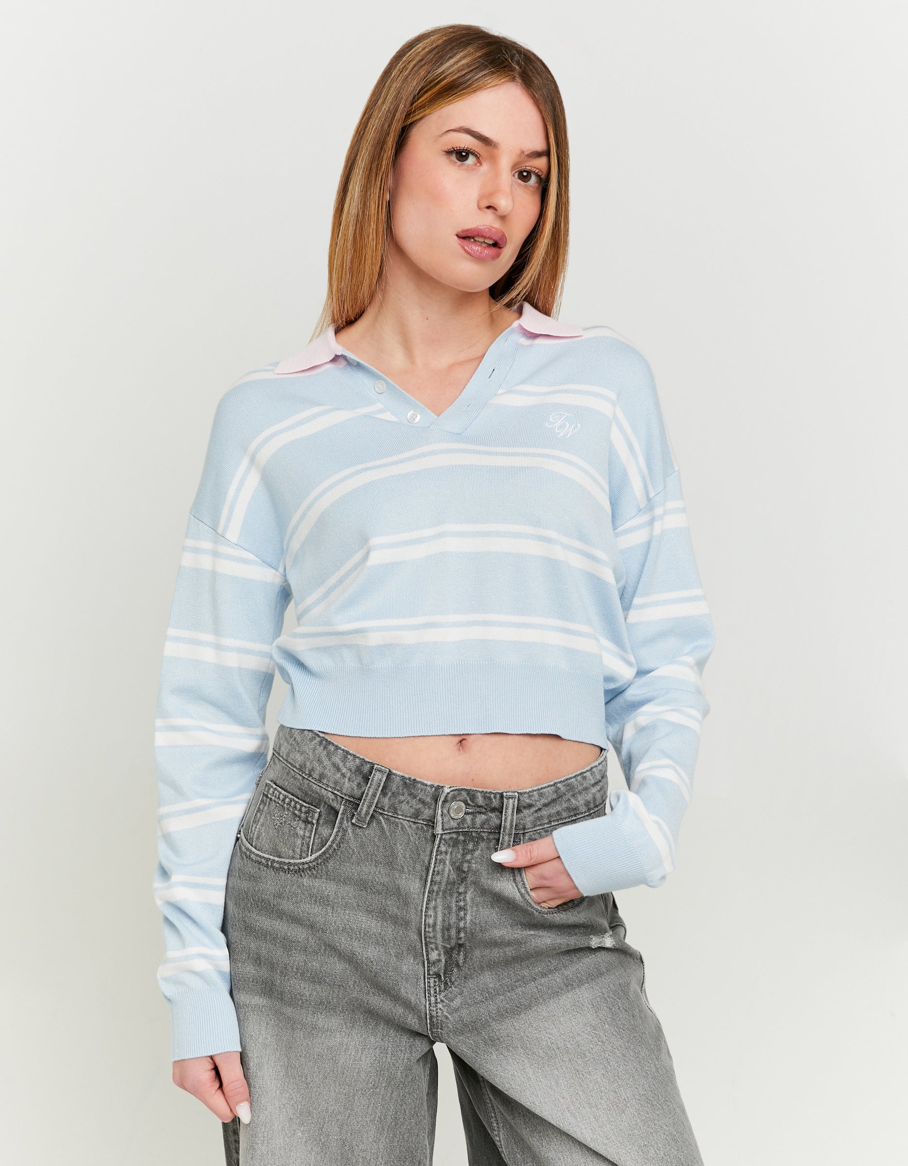 Ladies Striped Cropped Tops With Polo Neck-White/Blue/Pink-Model Front View