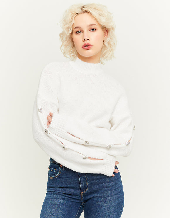 Ladies White Lightweight Sweater With Jewel Buttons-Model Front View