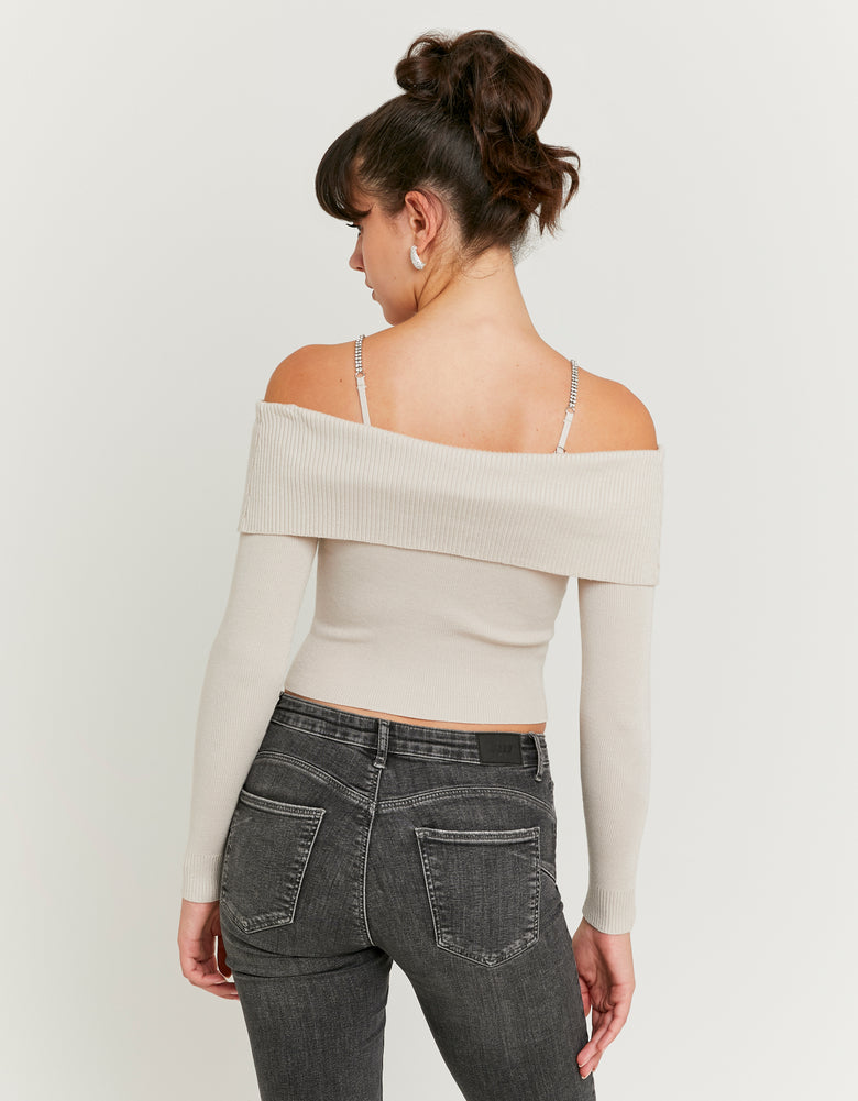 Beige Knitted Jumper With StrassModel Back View