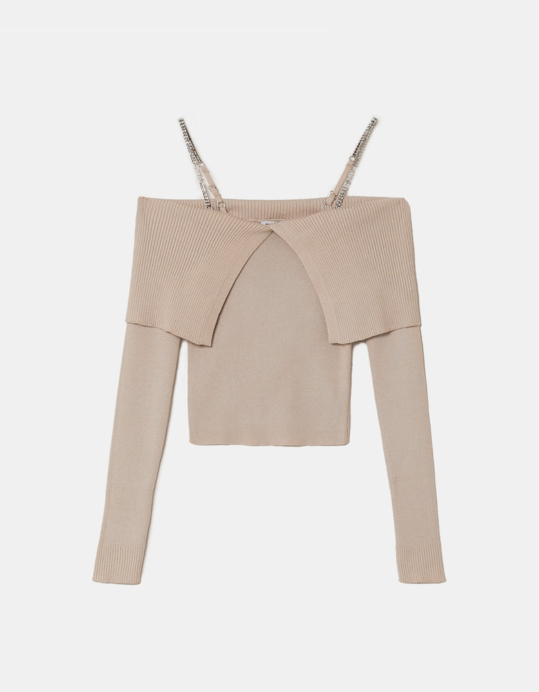 Ladies Beige Knitted Jumper With Strass-Ghost Front View