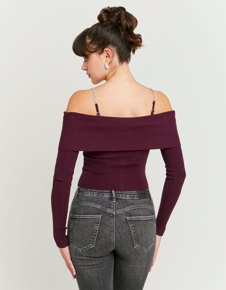 Ladies Burgundy Knitted Top With Strass-Back View