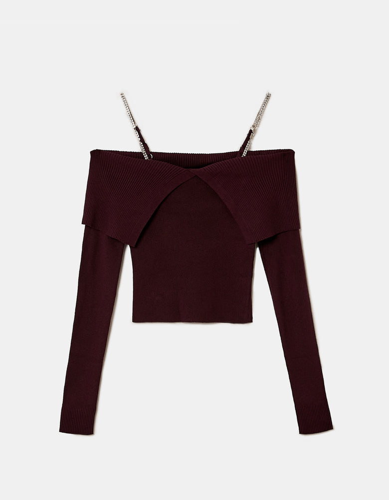 Ladies Burgundy Knitted Top With Strass-Ghost Front View