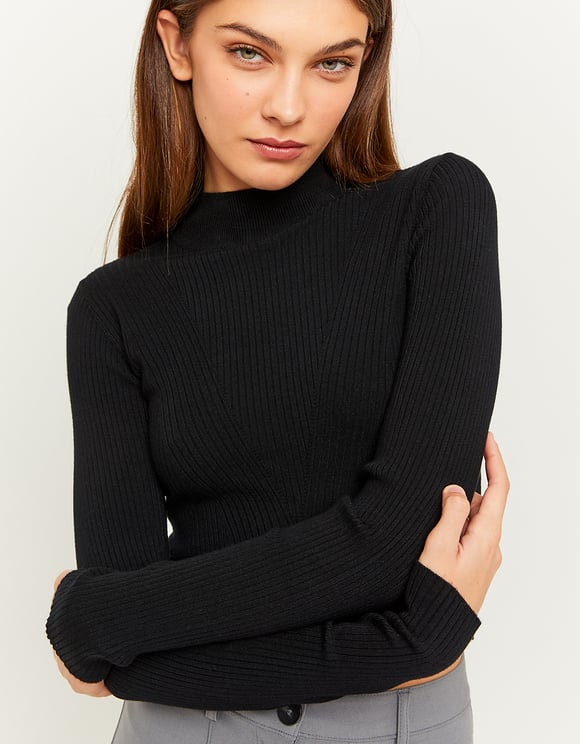 Ladies Black Fitted Knit Sweater-Front View