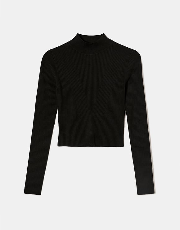 Ladies Black Fitted Knit Sweater-Ghost Front View