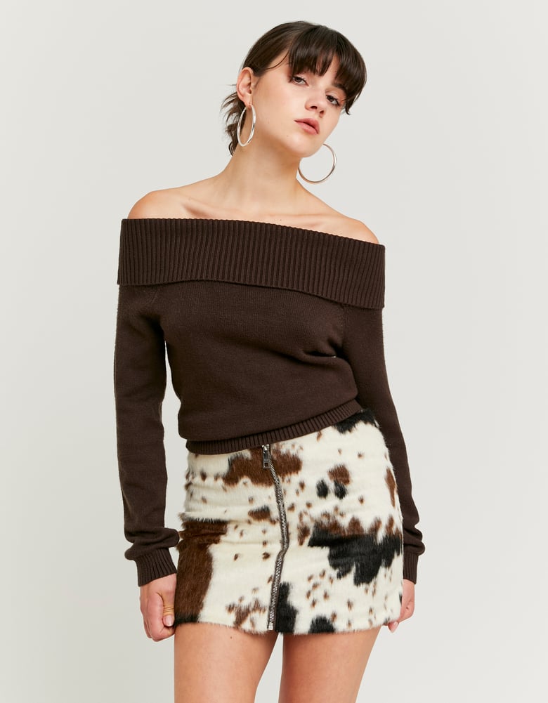 Ladies Brown Off-Shoulder Sweater-Full Model Front View