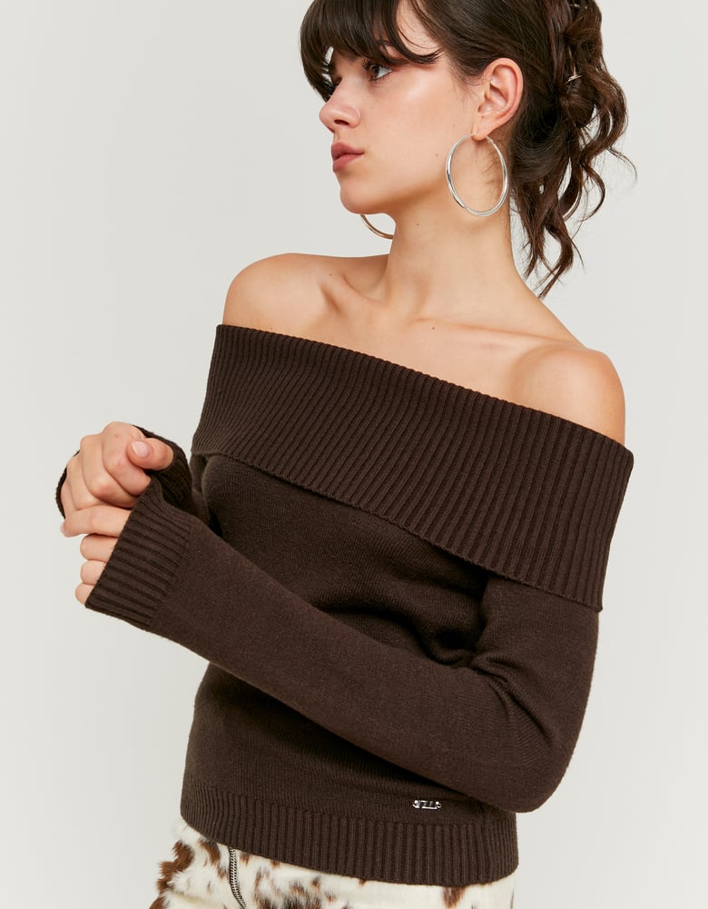 Ladies Brown Off-Shoulder Sweater-Side/Front View