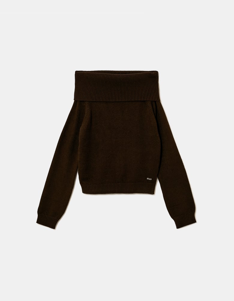 Ladies Brown Off-Shoulder Sweater-Ghost Front View