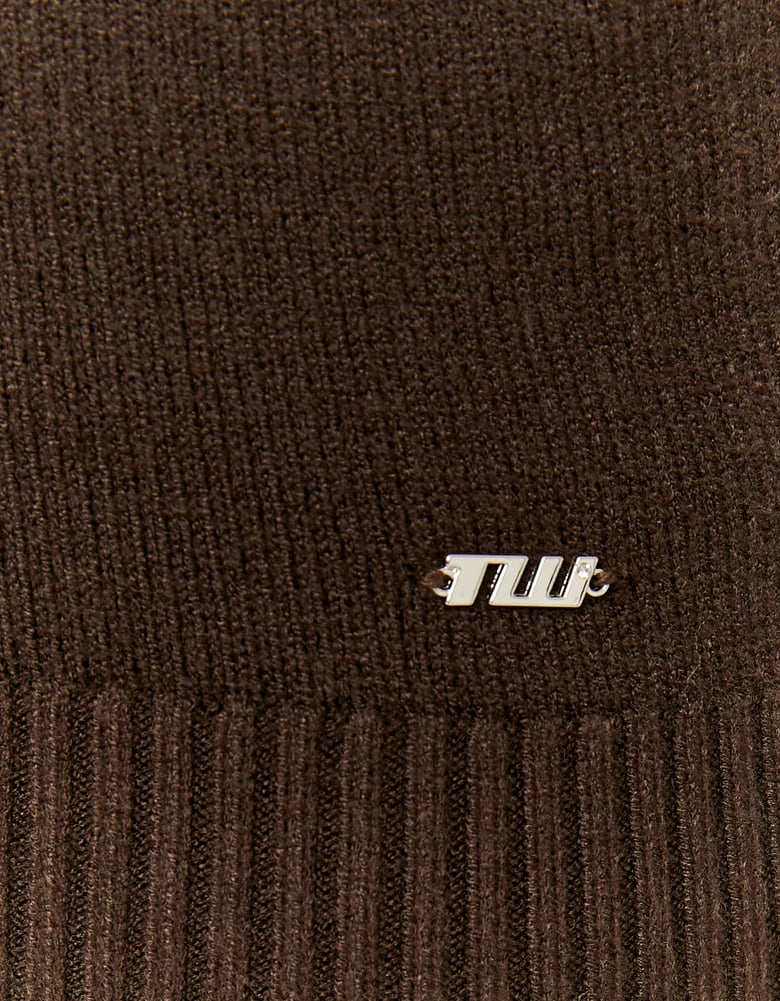 Ladies Brown Off-Shoulder Sweater-TW Logo