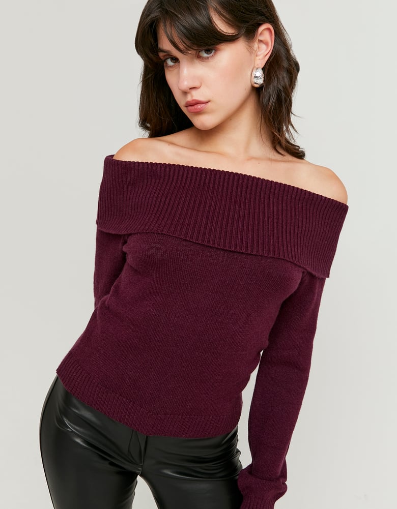 Ladies Burgundy Off-Shoulder Sweater-Model Front View