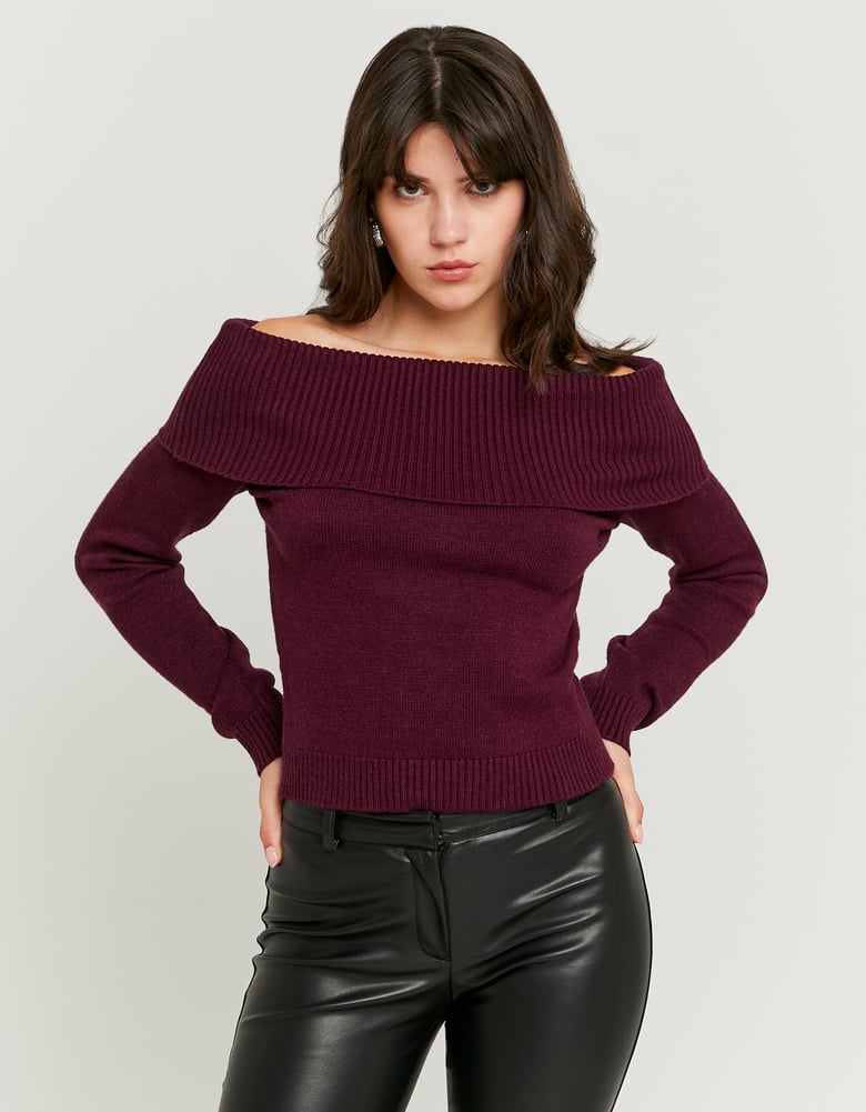 Ladies Burgundy Off-Shoulder Sweater-Model Front View 2