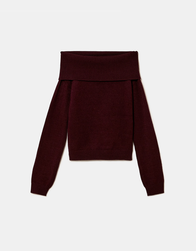 Ladies Burgundy Off-Shoulder Sweater-Ghost Front View