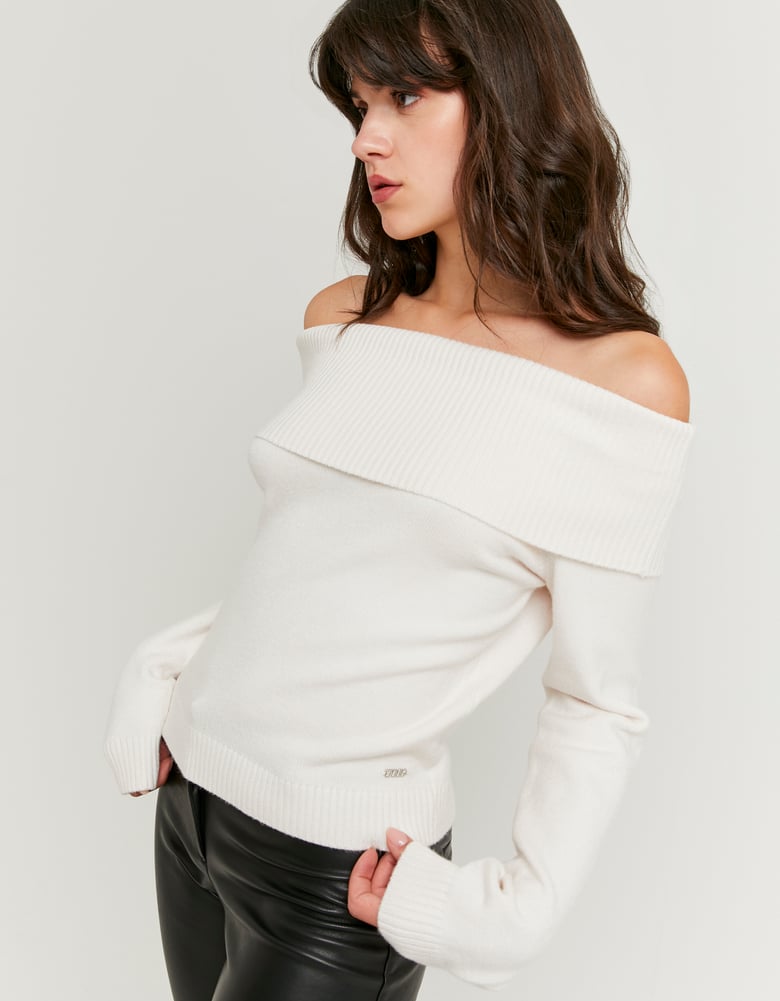 Ladies Ladies White Off-Shoulder Sweater-Model Side View