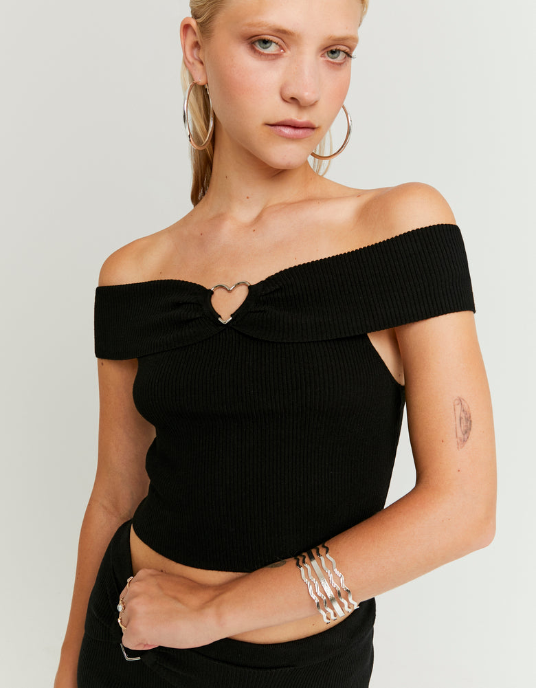 Ladies Black Knitted Top With Love Heart Detail-Model Front View