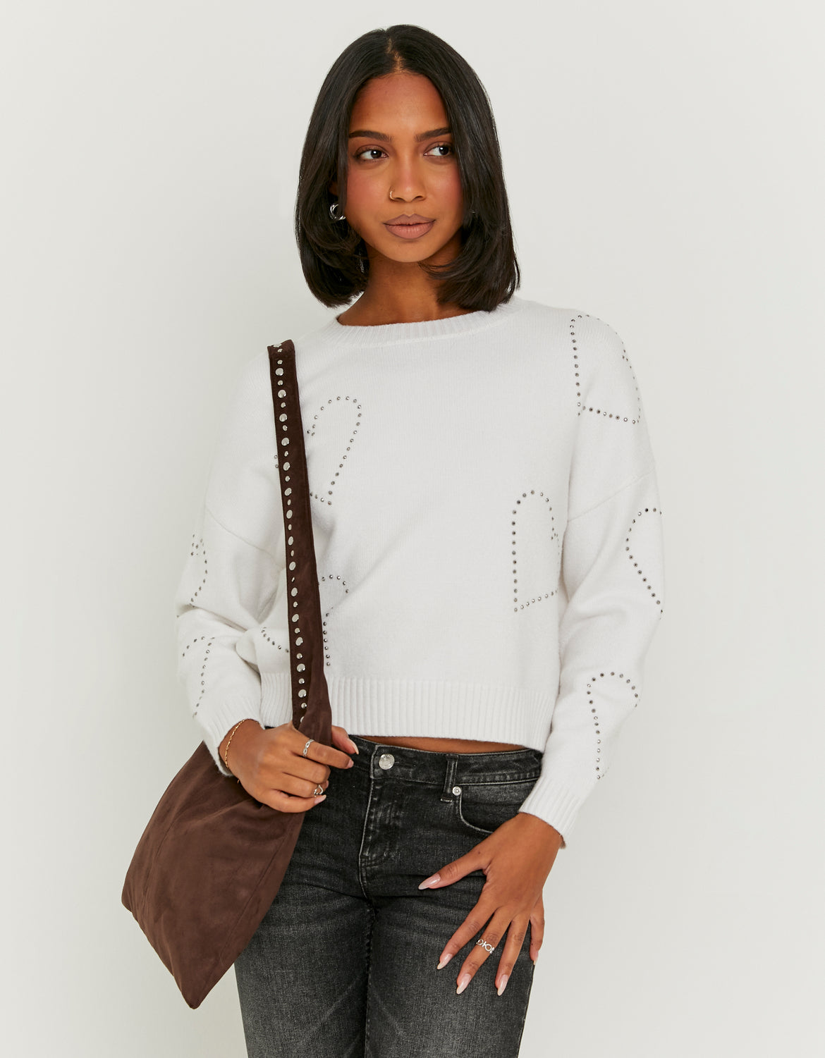 Ladies White Knit Sweater With Rhinestones-Model Front View
