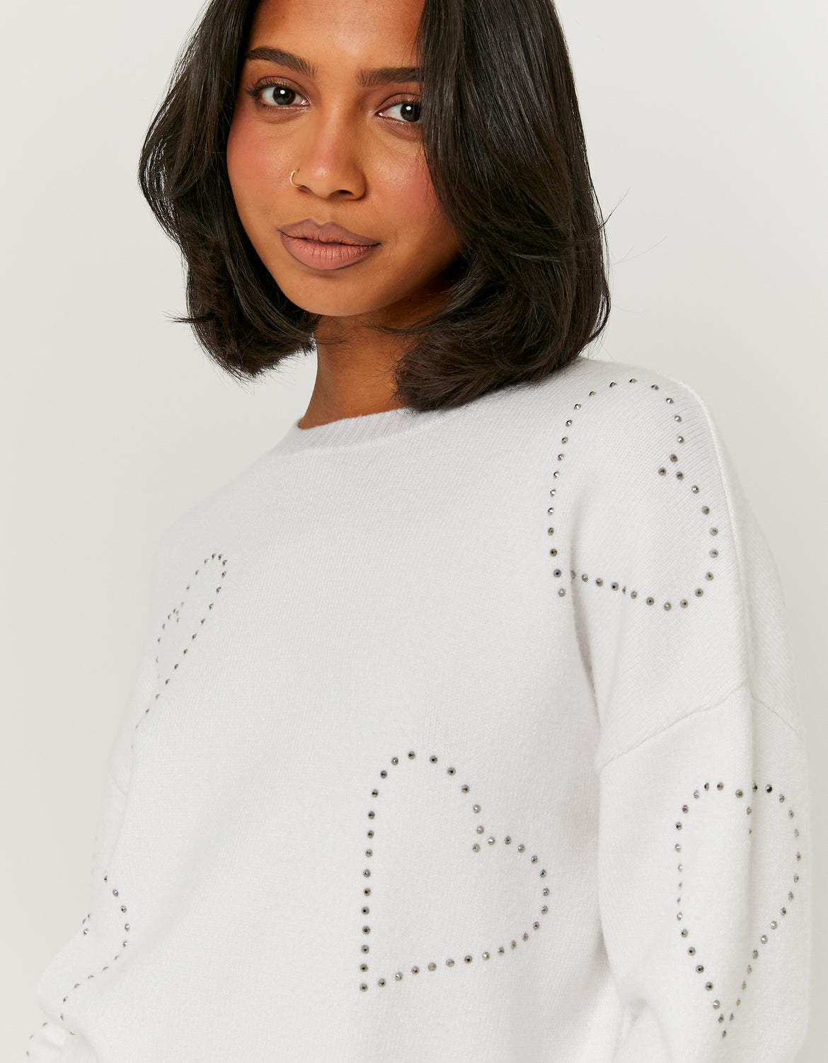 Ladies White Knit Sweater With Rhinestones-Closer View of Jumper