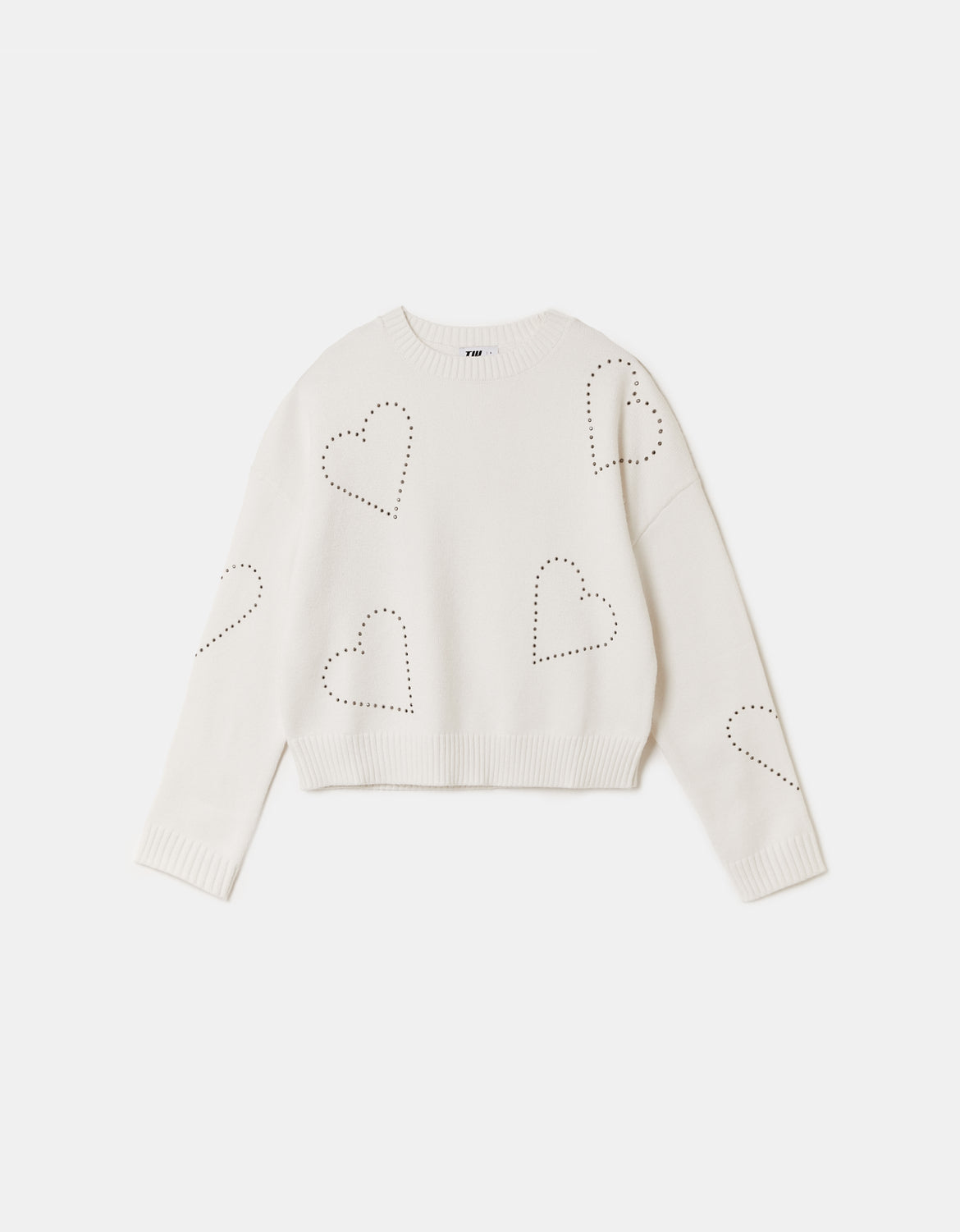 Ladies White Knit Sweater With Rhinestones-Ghost Front View