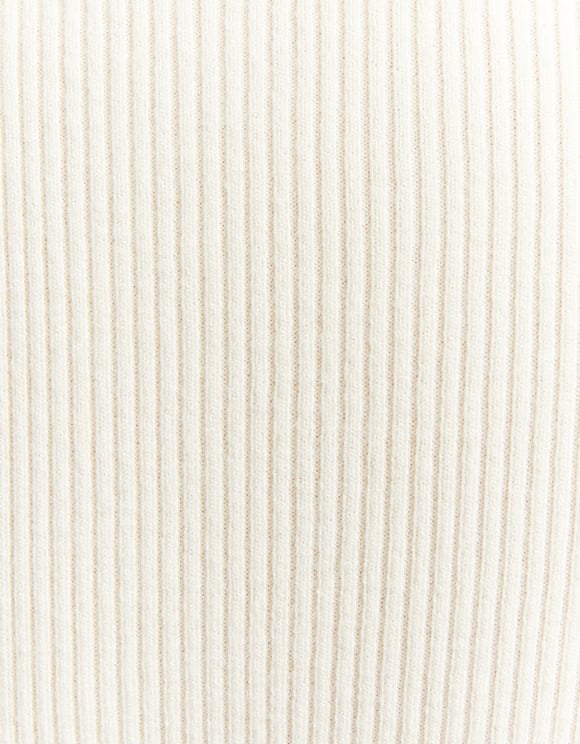 Ladies Beige Ribbed Fitted Sweater-Close Up View