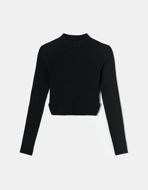 Ladies Black Ribbed Fitted Sweater-Ghost Front View