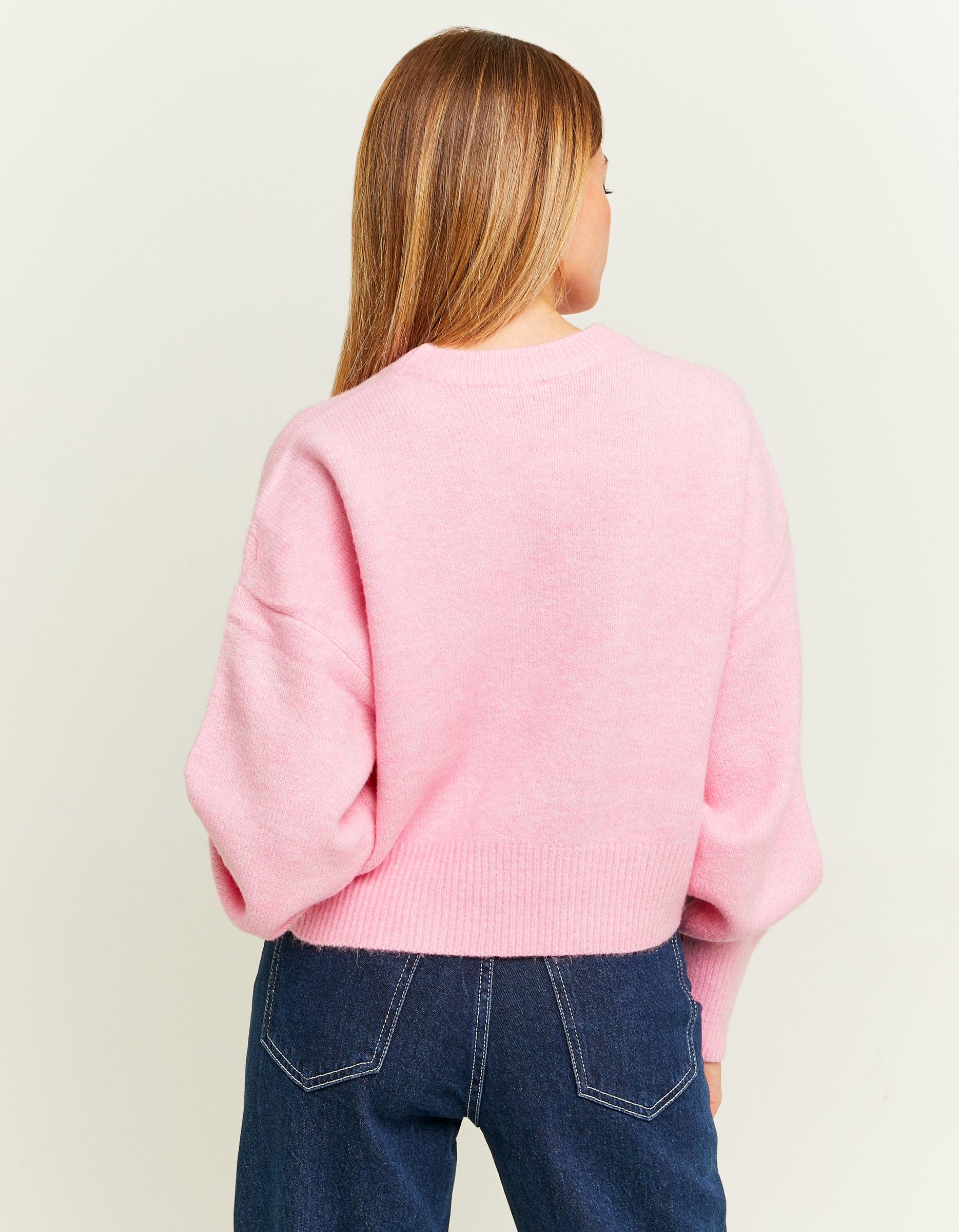 Ladies Pink Cropped Basic Jumper-Model Back View