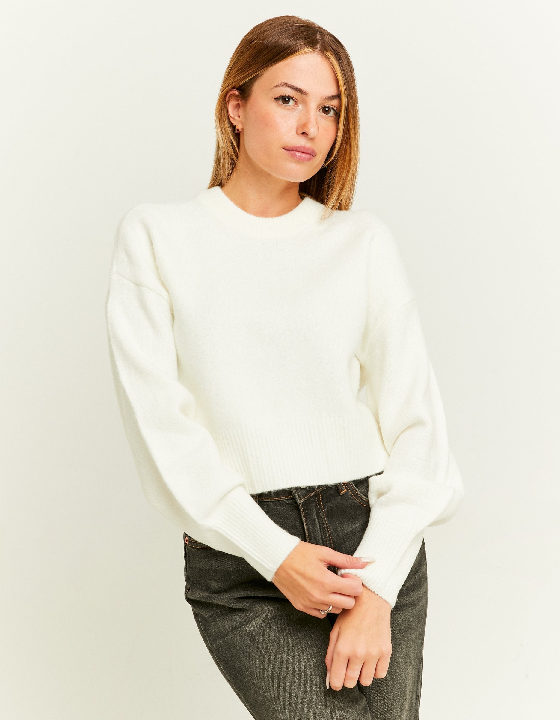 Ladies White Cropped Basic Jumper-Model Front View