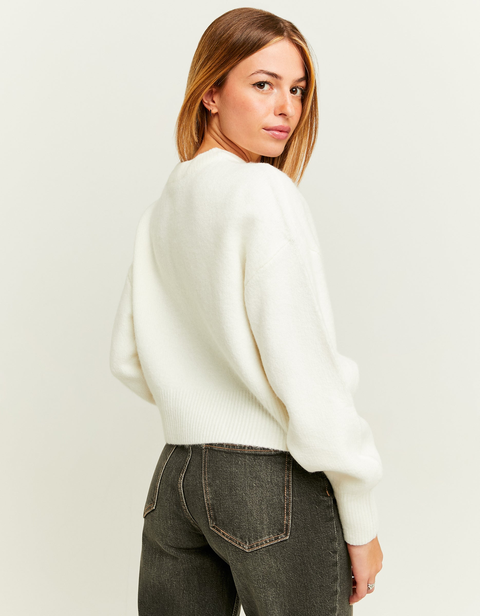 Ladies White Cropped Basic Jumper-Model Back View