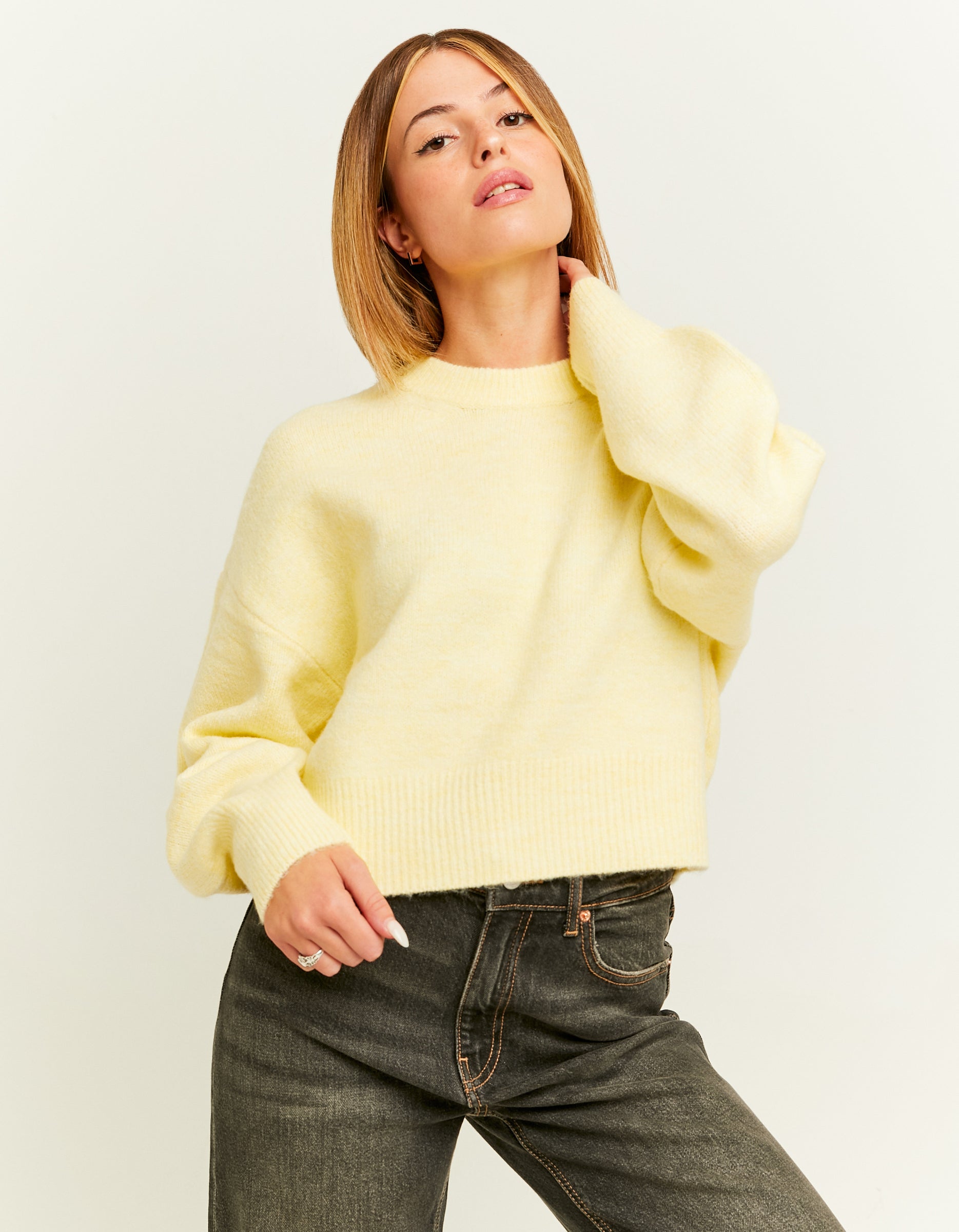 Ladies Yellow Cropped Basic Jumper-Model Front VIew